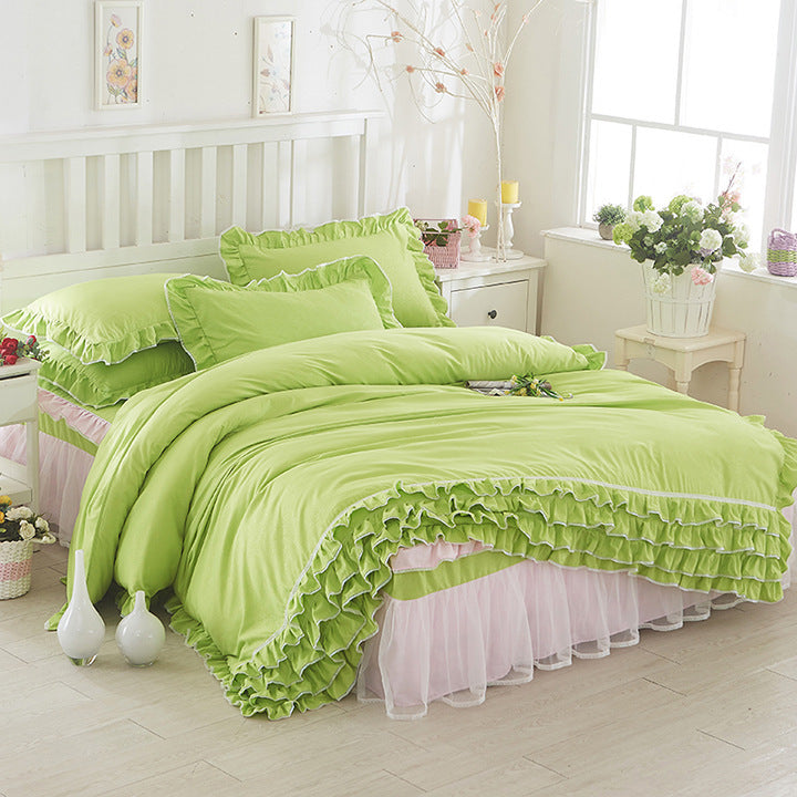 KTX-080147 Solid Color Lace Bedspread Set with Bed Skirt and Pillowcases in Multiple Colors