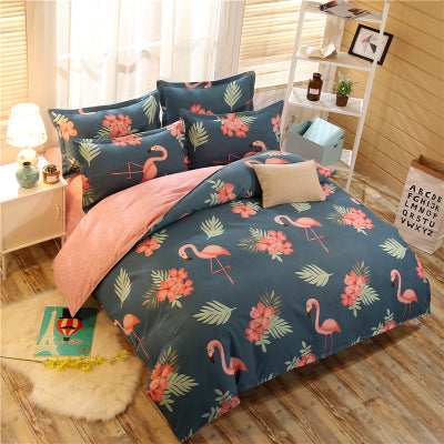 KTX-080467 Flamingo and Floral 4-Piece Cotton-Blend Bedding Set with Personalized Designs