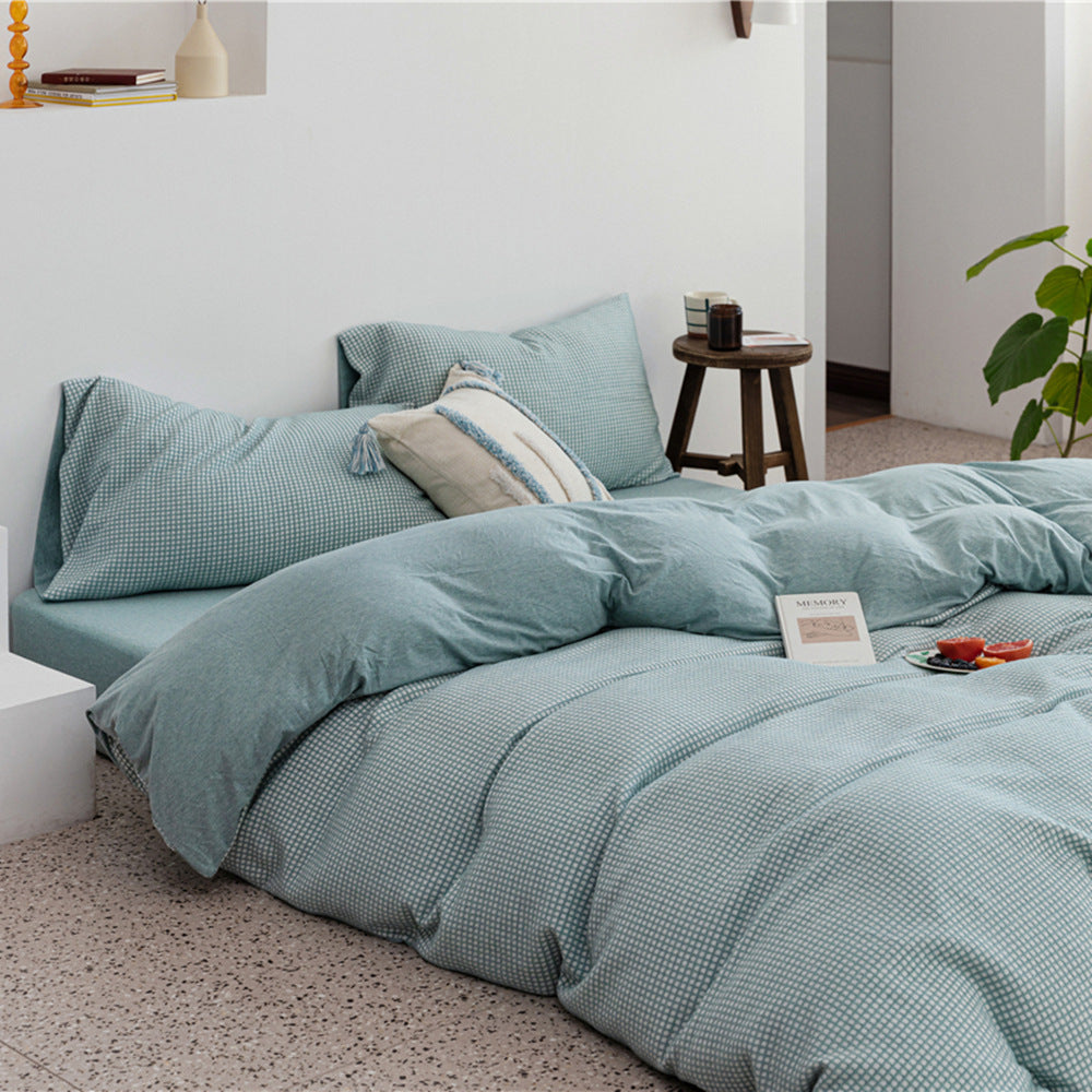 KTX-085907 Cotton Knitted Four-Piece Bedding Set with Geometric Patterns in Various Colors