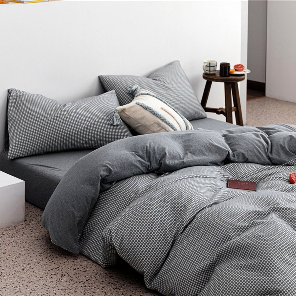 KTX-085907 Cotton Knitted Four-Piece Bedding Set with Geometric Patterns in Various Colors