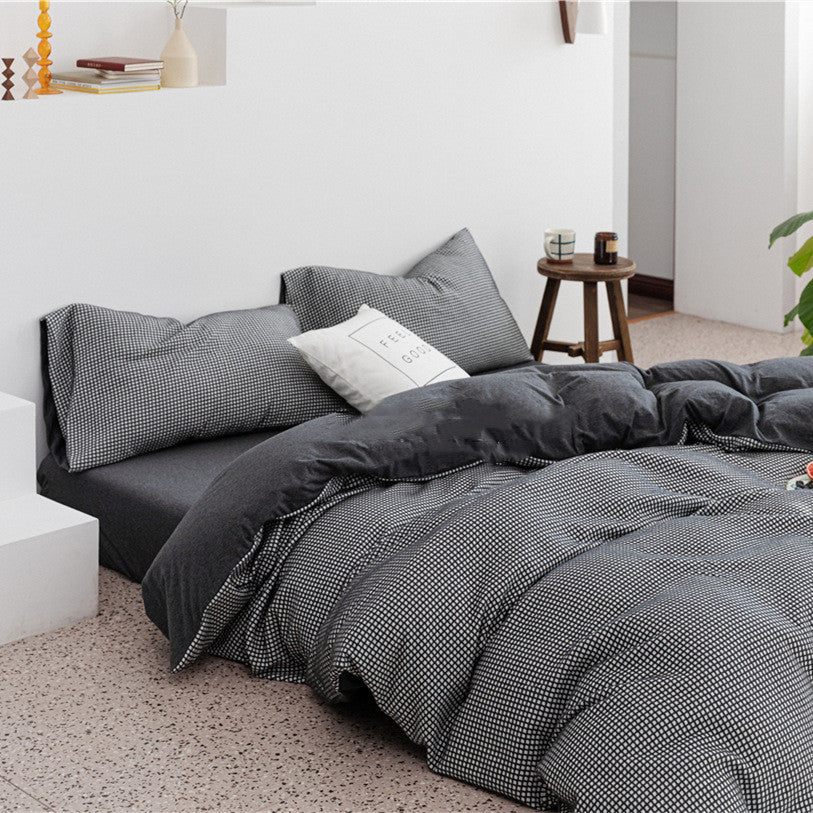 KTX-085907 Cotton Knitted Four-Piece Bedding Set with Geometric Patterns in Various Colors