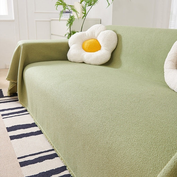 KTX-086547 Waterproof Teddy Plush Sofa Cover Set - Four Seasons Universal Non-Slip Towels in Creamy White, Gray, Warm Brown, Green