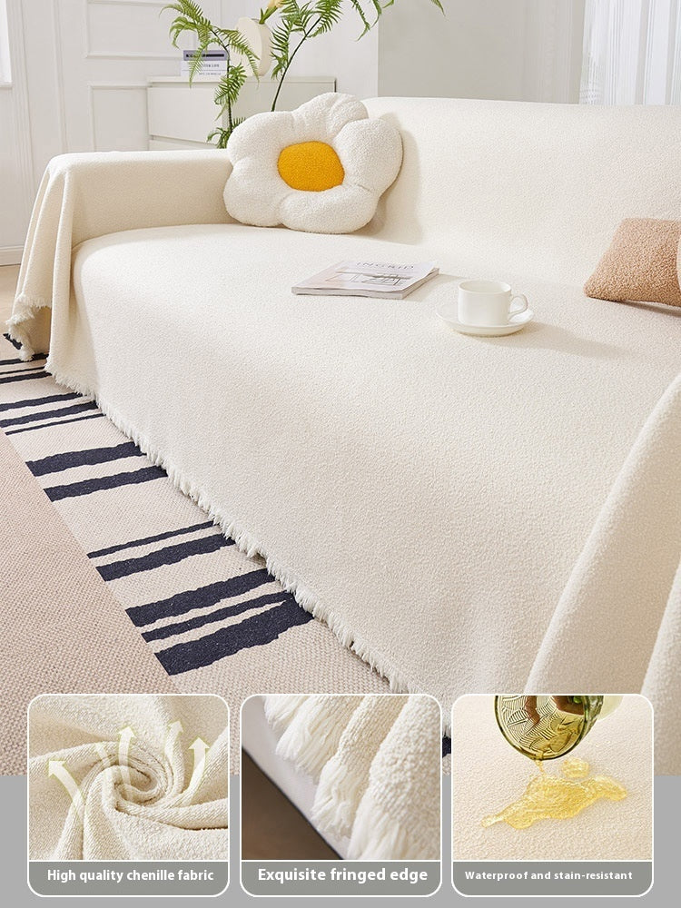 KTX-086547 Waterproof Teddy Plush Sofa Cover Set - Four Seasons Universal Non-Slip Towels in Creamy White, Gray, Warm Brown, Green