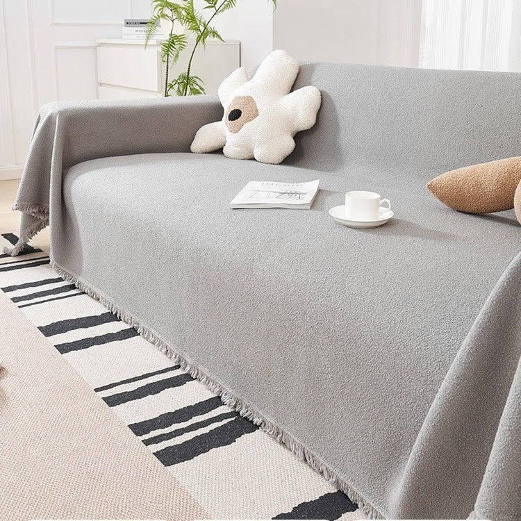 KTX-086547 Waterproof Teddy Plush Sofa Cover Set - Four Seasons Universal Non-Slip Towels in Creamy White, Gray, Warm Brown, Green