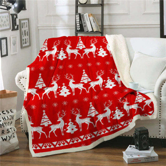 KTX-088211 Red and White Plaid Flannel Blanket with Deer and Fir Christmas Design