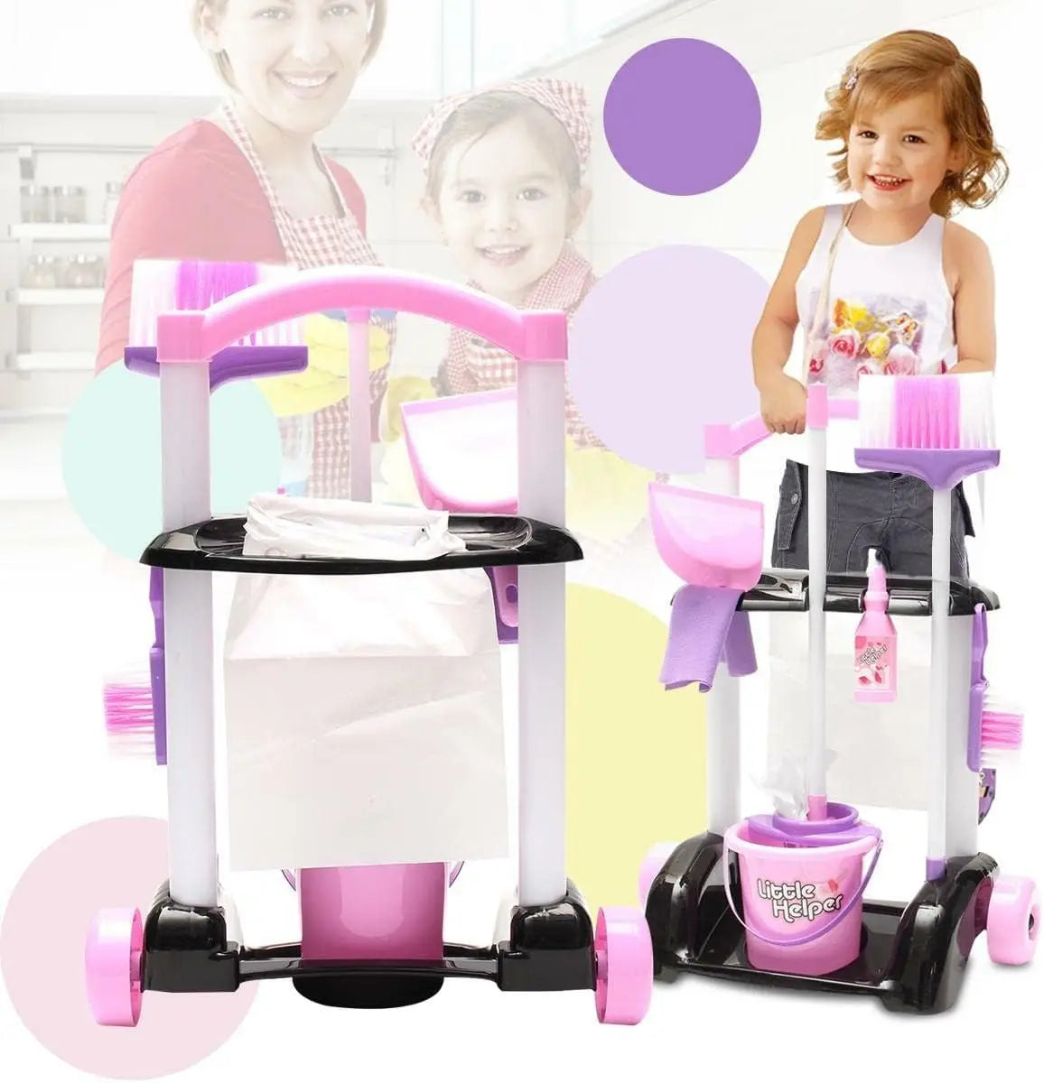 KTX-088723 58cm Plastic Trolley Cleaning Tool Toy Set for Pretend Play and Housekeeping Fun