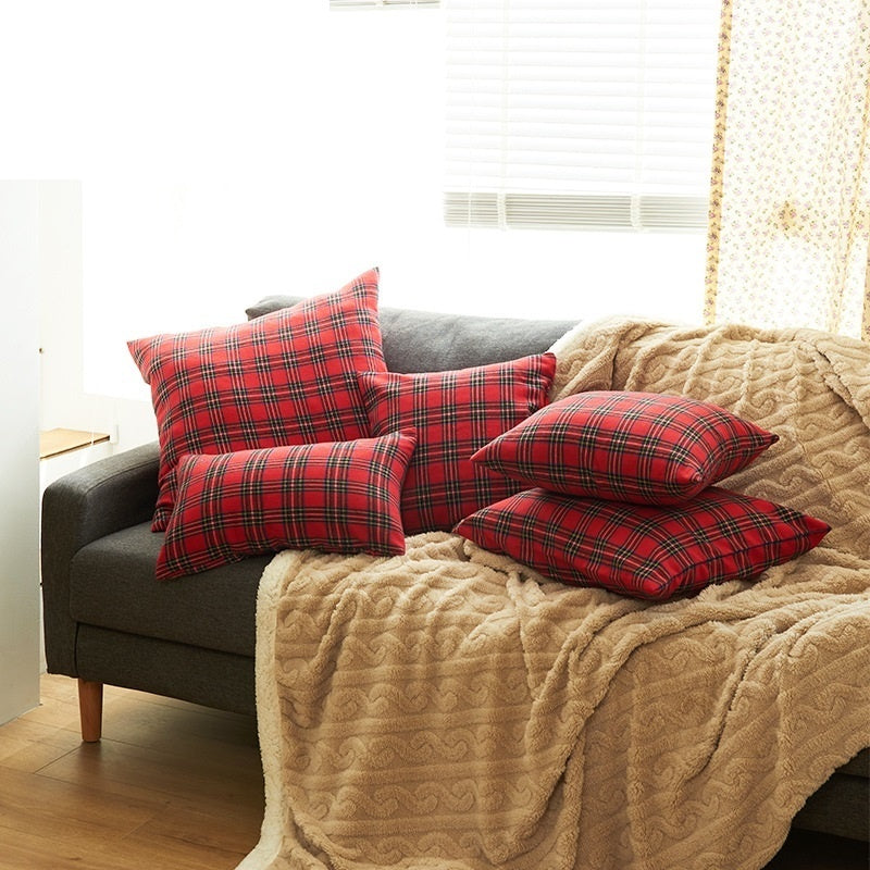 KTX-088851 Christmas Red and Green Checkered Polyester Cotton Pillowcase Cover - Multiple Sizes Available