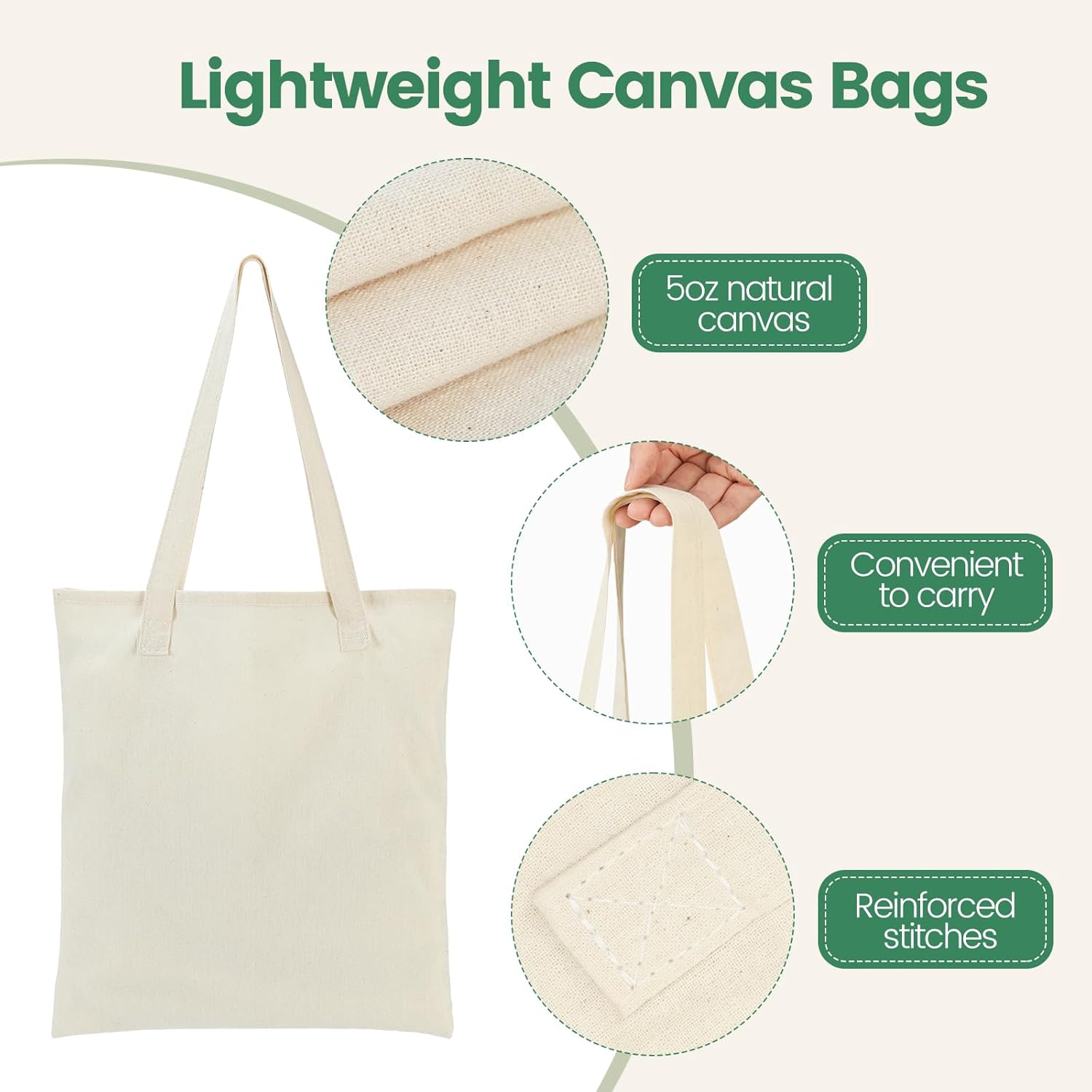 KTX-089235 Lightweight Beige Canvas Tote Bag Set – 48 Pack Reusable Shopping and DIY Craft Bags, Perfect for Gifts and Everyday Use