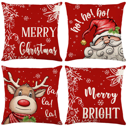 KTX-089875 Nordic Style Christmas Elk and Santa Claus Linen Cushion Cover - 45x45cm