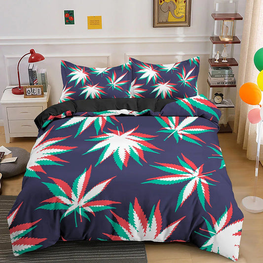 KTX-090515 Colorful Psychedelic Weed Leaf Bedding Set in Various Sizes - Modern Quilted Design, Digital Print
