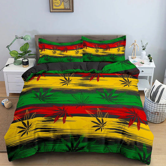 KTX-090515 Colorful Psychedelic Weed Leaf Bedding Set in Various Sizes - Modern Quilted Design, Digital Print
