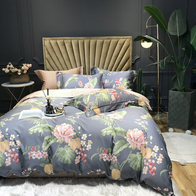 KTX-092499 Floral Cotton Satin Digital Print Duvet Cover Set - 4 Pieces in Multiple Styles