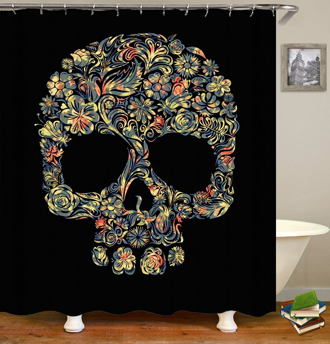 KTX-093203 Skull Pattern Waterproof Shower Curtain for Halloween Bathroom Décor, 180cm x 180cm, Environmentally Friendly Polyester Fiber