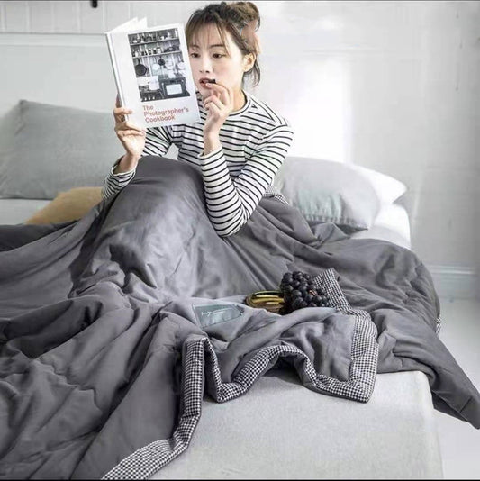 KTX-094803 Washed Cotton Houndstooth Summer Quilt, Lightweight Air Conditioning Blanket, 200x230cm