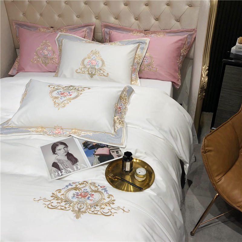 KTX-095123 Long-Staple Cotton Satin Embroidered Floral Bedding Set - Four-Piece Collection for 1.5m and 1.8m Beds