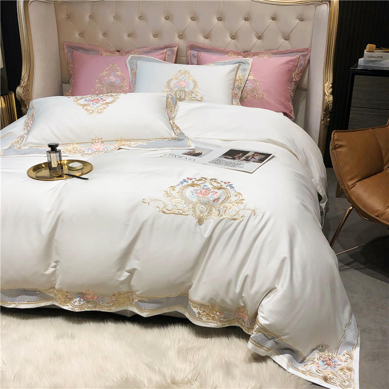 KTX-095123 Long-Staple Cotton Satin Embroidered Floral Bedding Set - Four-Piece Collection for 1.5m and 1.8m Beds