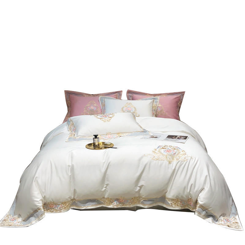 KTX-095123 Long-Staple Cotton Satin Embroidered Floral Bedding Set - Four-Piece Collection for 1.5m and 1.8m Beds