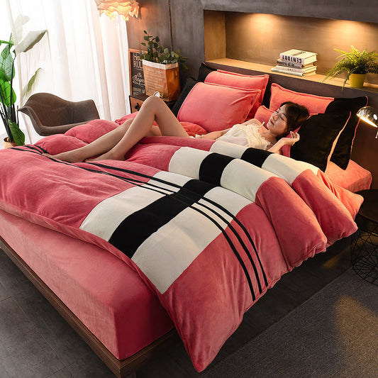 KTX-095635 Thickened Striped French Velvet Sheet Set for Autumn and Winter, 4-Piece Bedding Collection