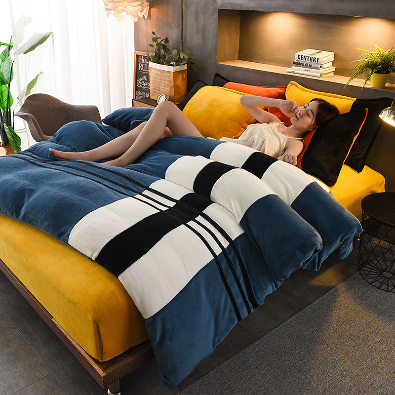 KTX-095635 Thickened Striped French Velvet Sheet Set for Autumn and Winter, 4-Piece Bedding Collection