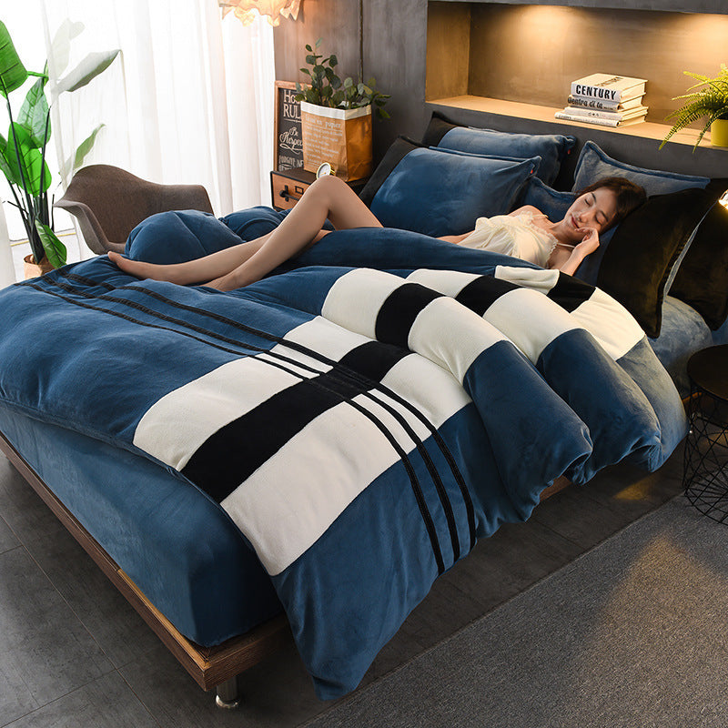 KTX-095635 Thickened Striped French Velvet Sheet Set for Autumn and Winter, 4-Piece Bedding Collection