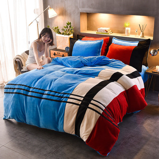 KTX-095635 Thickened Striped French Velvet Sheet Set for Autumn and Winter, 4-Piece Bedding Collection