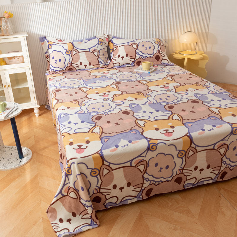 KTX-095955 Printed Polyester Bed Sheet with Cute Animal and Geometric Designs