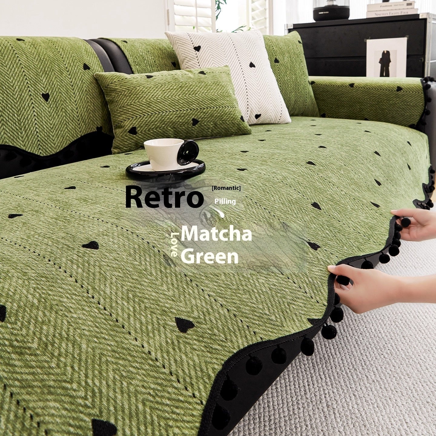 KTX-096851 Chenille Solid Color Sofa Cushion - Stylish Dust Cover in Matcha Green, Khaki, and Creamy White