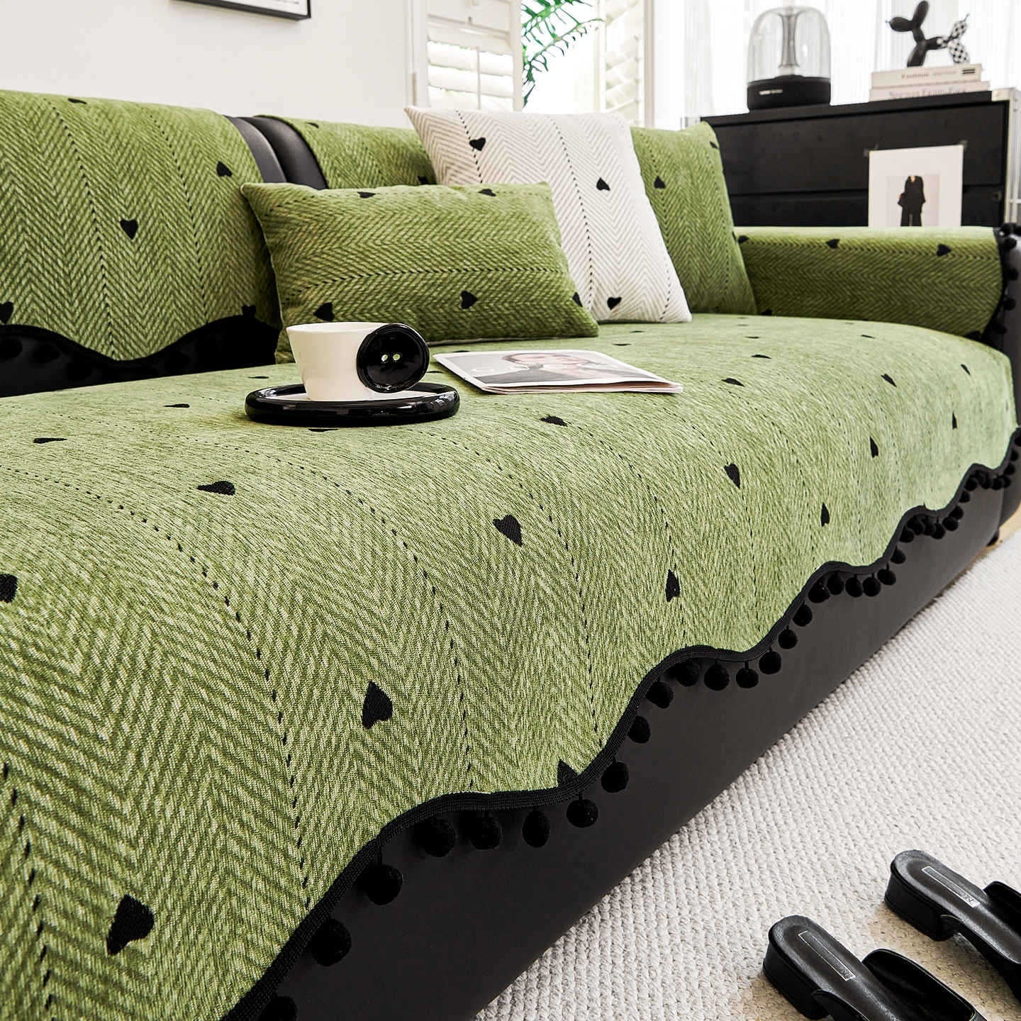 KTX-096851 Chenille Solid Color Sofa Cushion - Stylish Dust Cover in Matcha Green, Khaki, and Creamy White