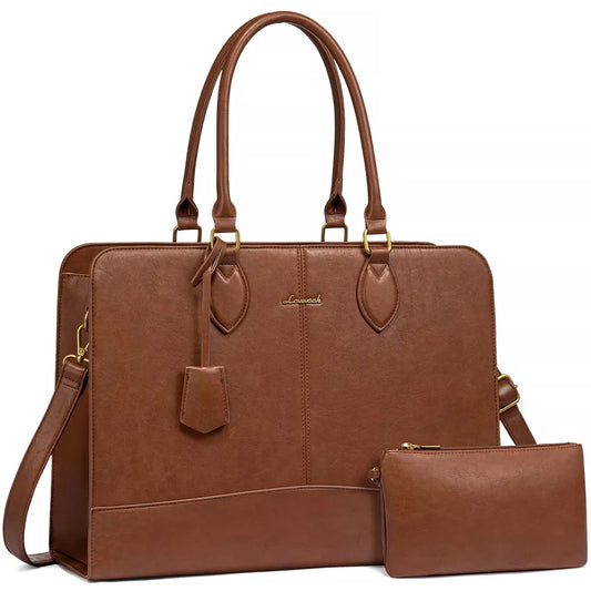 KTX-098643 Large Vintage PU Leather Waterproof Work Tote for Women - 17 Inch Business Office Briefcase Laptop Bag