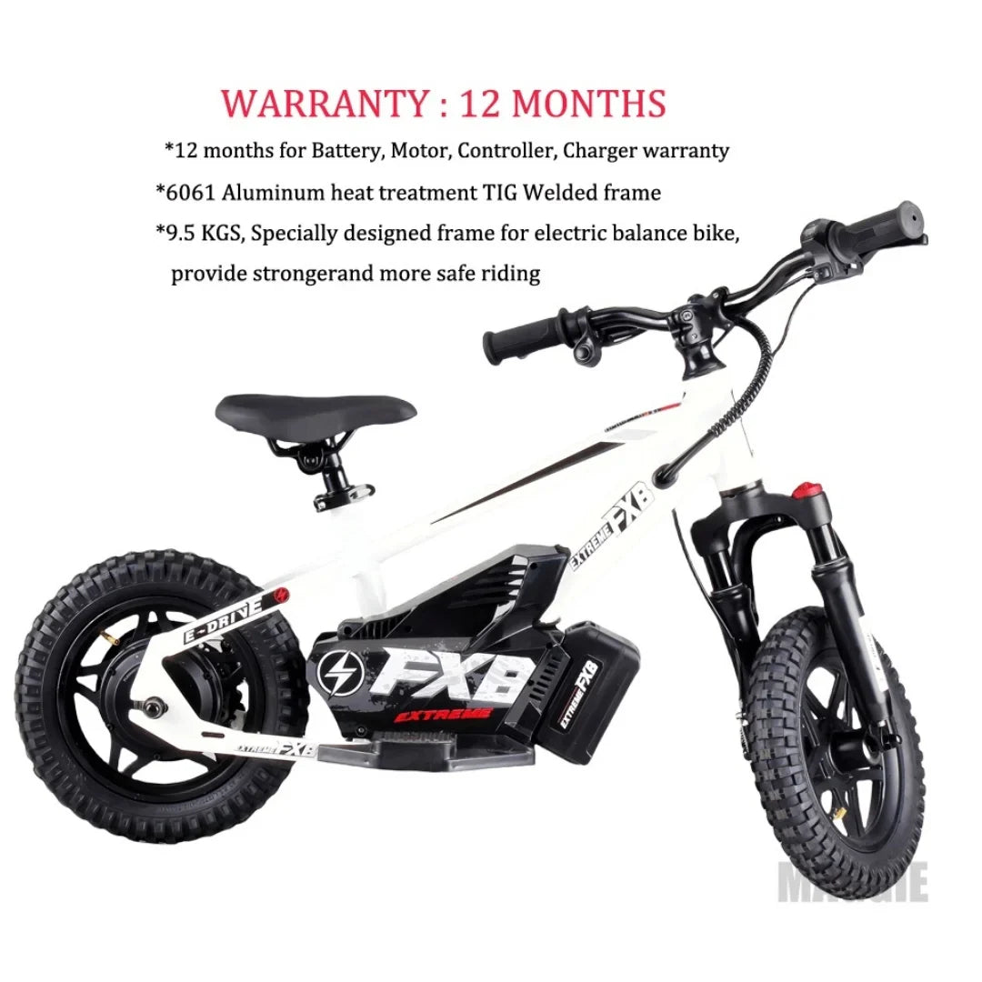 KTX-099667 Children's 12" Electric Balance Bike with Hydraulic Suspension, 250W Motor, and 3 Speed Settings