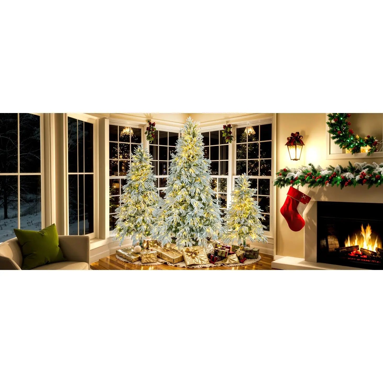 KTX-099859 7.5FT Snow Flocked Pre-Lit Christmas Tree with 350 Multi-Color LED Lights and 8 Flashing Modes