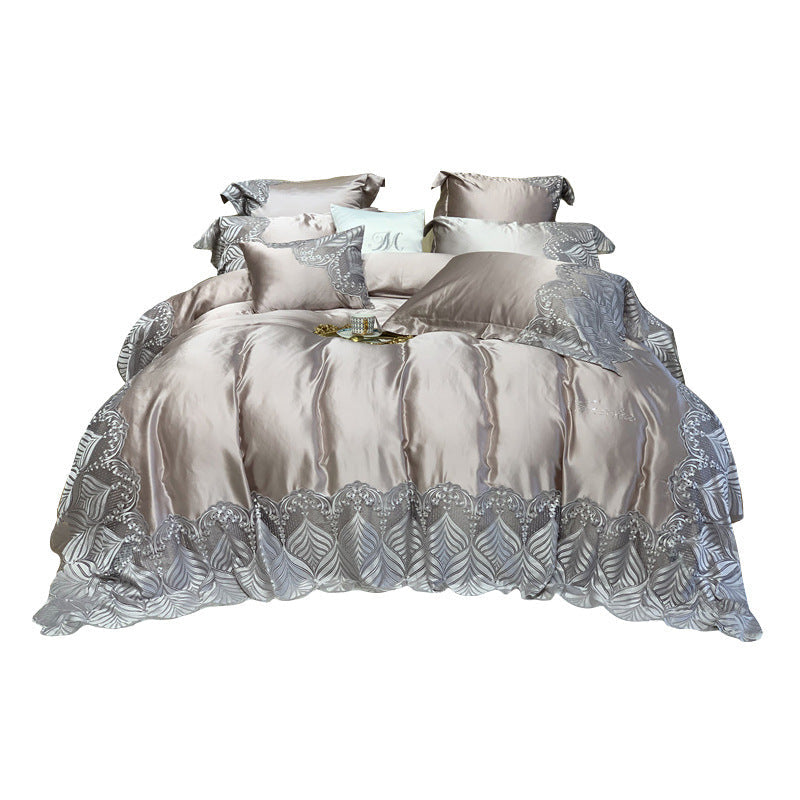 KTX-100883 European Style Four-Piece Silk Cotton Bedding Set in Champagne Gold and Purple-Gray