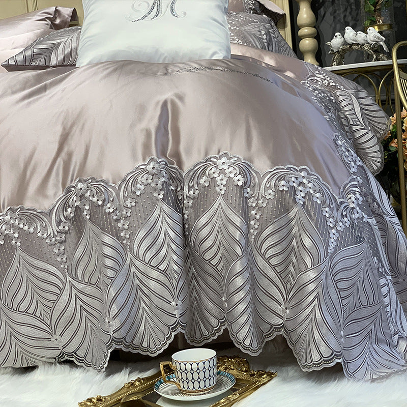 KTX-100883 European Style Four-Piece Silk Cotton Bedding Set in Champagne Gold and Purple-Gray