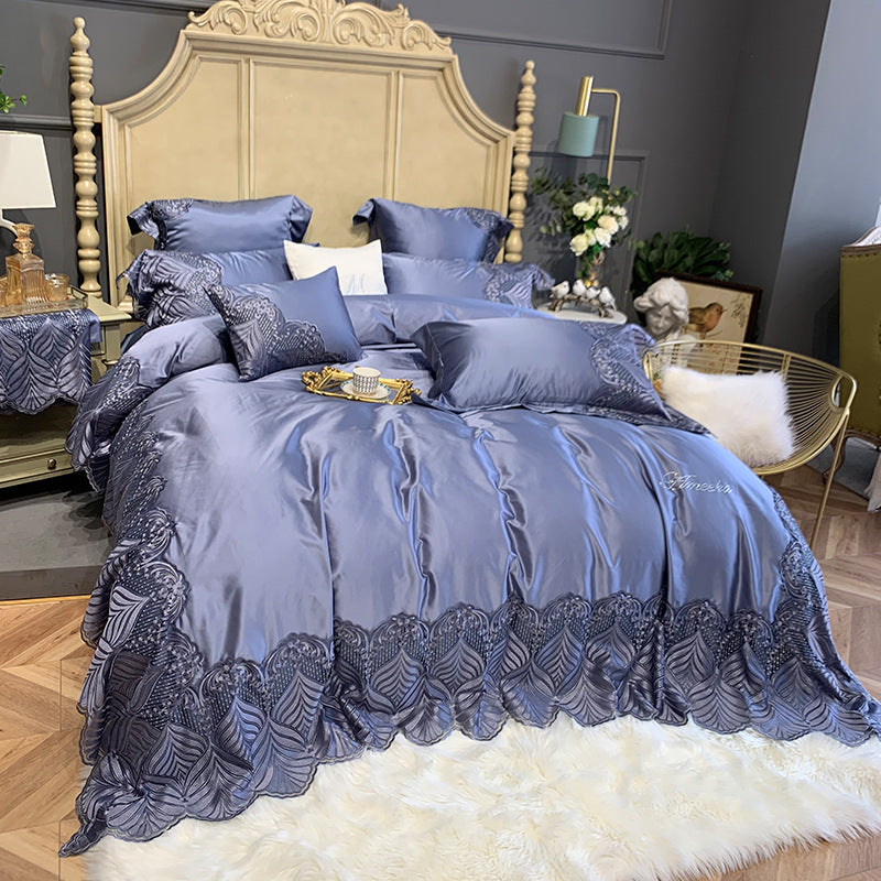 KTX-100883 European Style Four-Piece Silk Cotton Bedding Set in Champagne Gold and Purple-Gray
