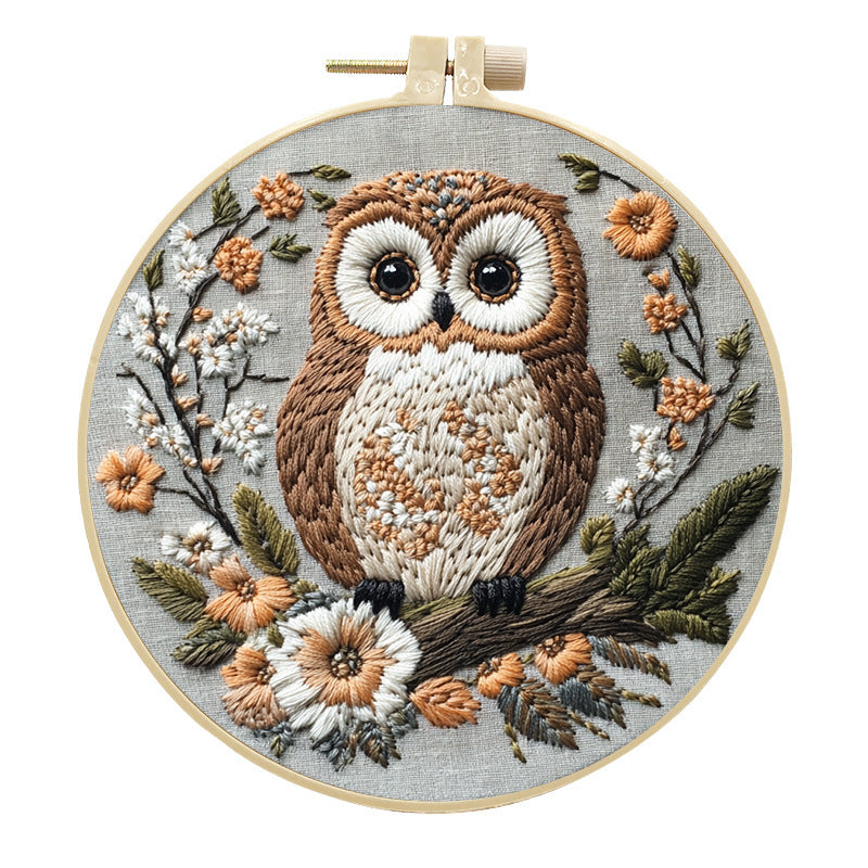 KTX-102547 Creative Embroidery Kit with Flower and Owl Patterns - Cotton and Linen Fabric Art Set