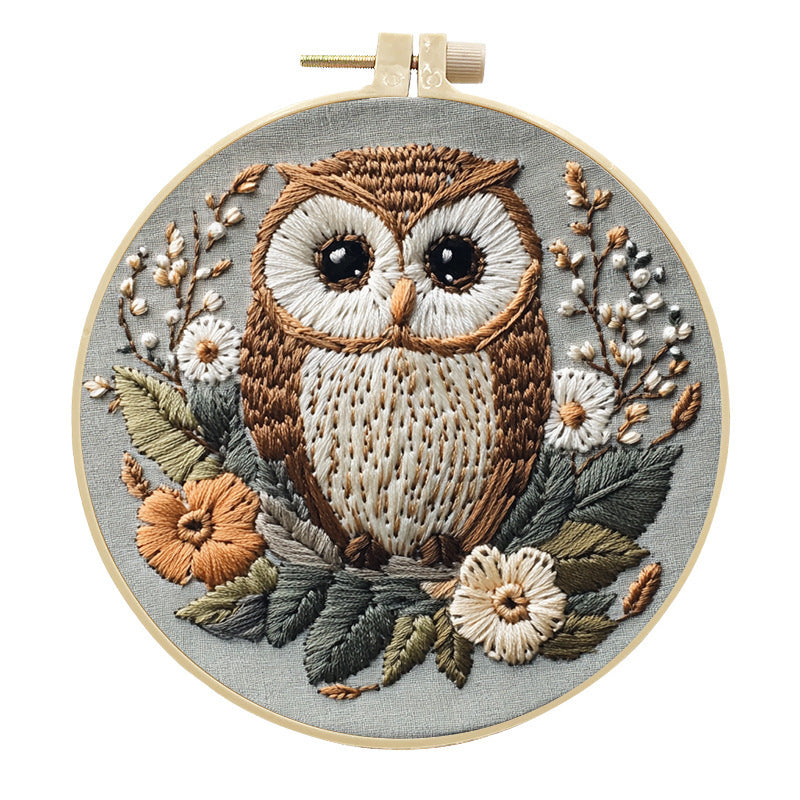 KTX-102547 Creative Embroidery Kit with Flower and Owl Patterns - Cotton and Linen Fabric Art Set