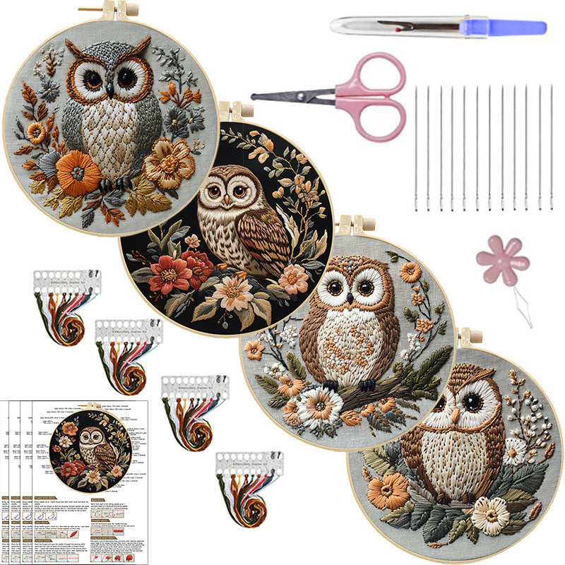 KTX-102547 Creative Embroidery Kit with Flower and Owl Patterns - Cotton and Linen Fabric Art Set