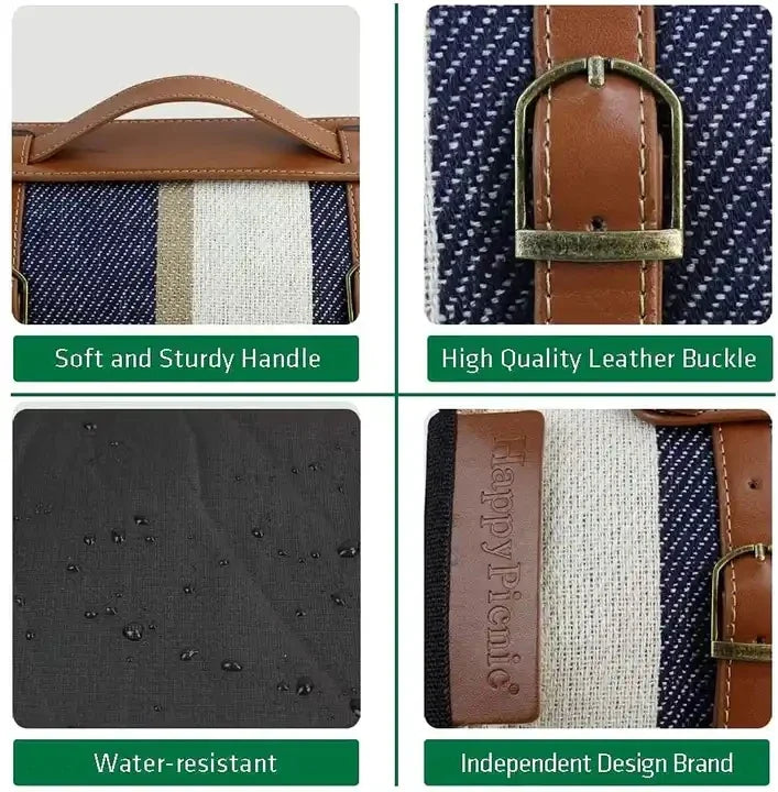 KTX-103059 Outdoor Waterproof Acrylic Plaid Picnic Blanket with Leather Strap - Foldable Moisture-Proof Camping Rug