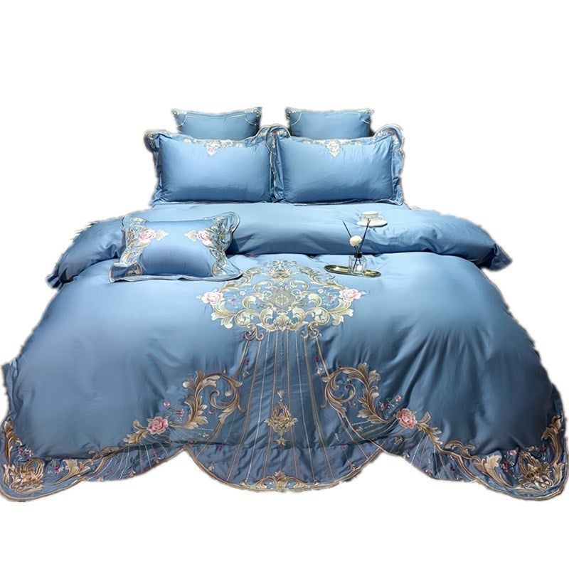 KTX-104019 Four-Piece Embroidered Cotton Bed Linen Set - Fashionable and Simple Design, Available in Blue, Red, Gray, Green, Pink