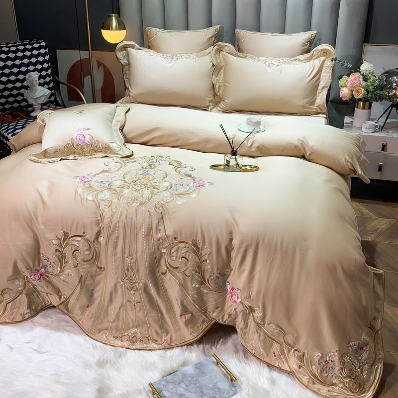 KTX-104019 Four-Piece Embroidered Cotton Bed Linen Set - Fashionable and Simple Design, Available in Blue, Red, Gray, Green, Pink