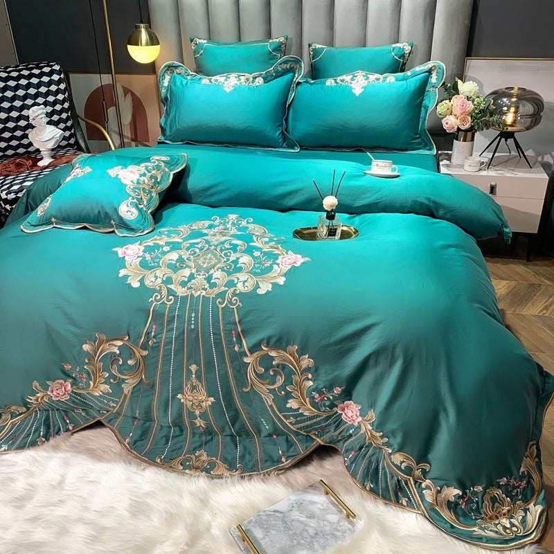 KTX-104019 Four-Piece Embroidered Cotton Bed Linen Set - Fashionable and Simple Design, Available in Blue, Red, Gray, Green, Pink
