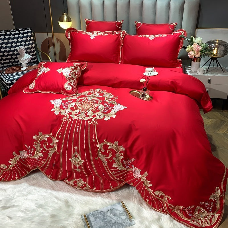 KTX-104019 Four-Piece Embroidered Cotton Bed Linen Set - Fashionable and Simple Design, Available in Blue, Red, Gray, Green, Pink