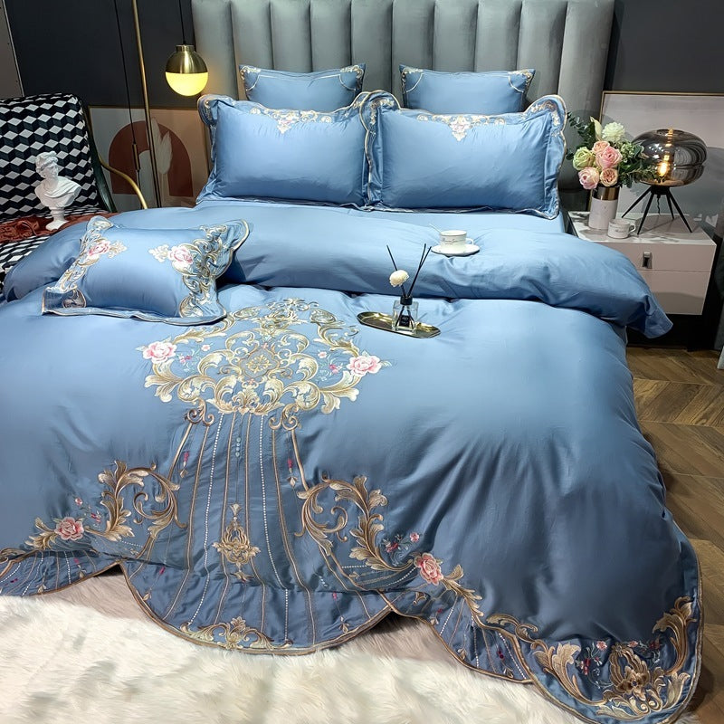 KTX-104019 Four-Piece Embroidered Cotton Bed Linen Set - Fashionable and Simple Design, Available in Blue, Red, Gray, Green, Pink