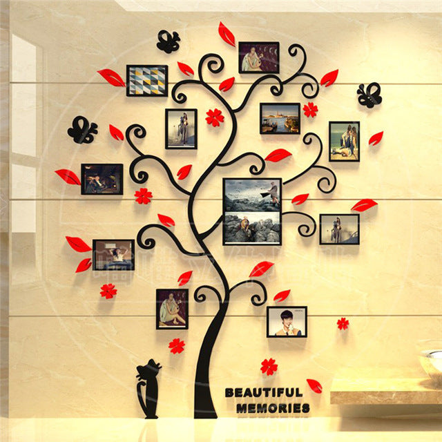 KTX-104787 Family Tree Photo Frame Wall Sticker with 10 4-Inch Frames and 1 6-Inch Frame, Black Acrylic Design, 82.4 x 100 CM