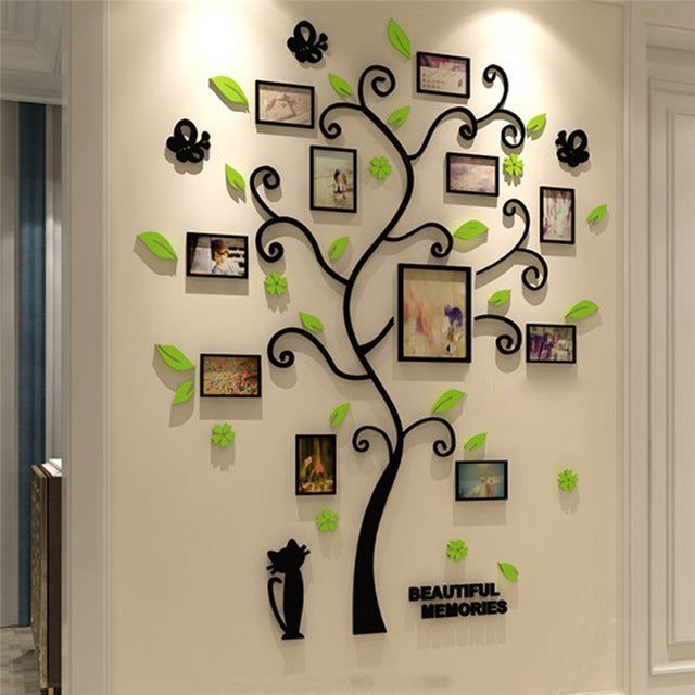KTX-104787 Family Tree Photo Frame Wall Sticker with 10 4-Inch Frames and 1 6-Inch Frame, Black Acrylic Design, 82.4 x 100 CM