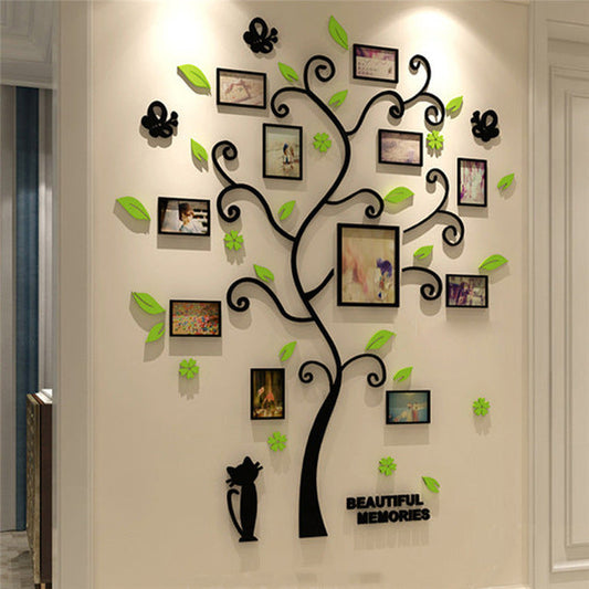 KTX-104787 Family Tree Photo Frame Wall Sticker with 10 4-Inch Frames and 1 6-Inch Frame, Black Acrylic Design, 82.4 x 100 CM