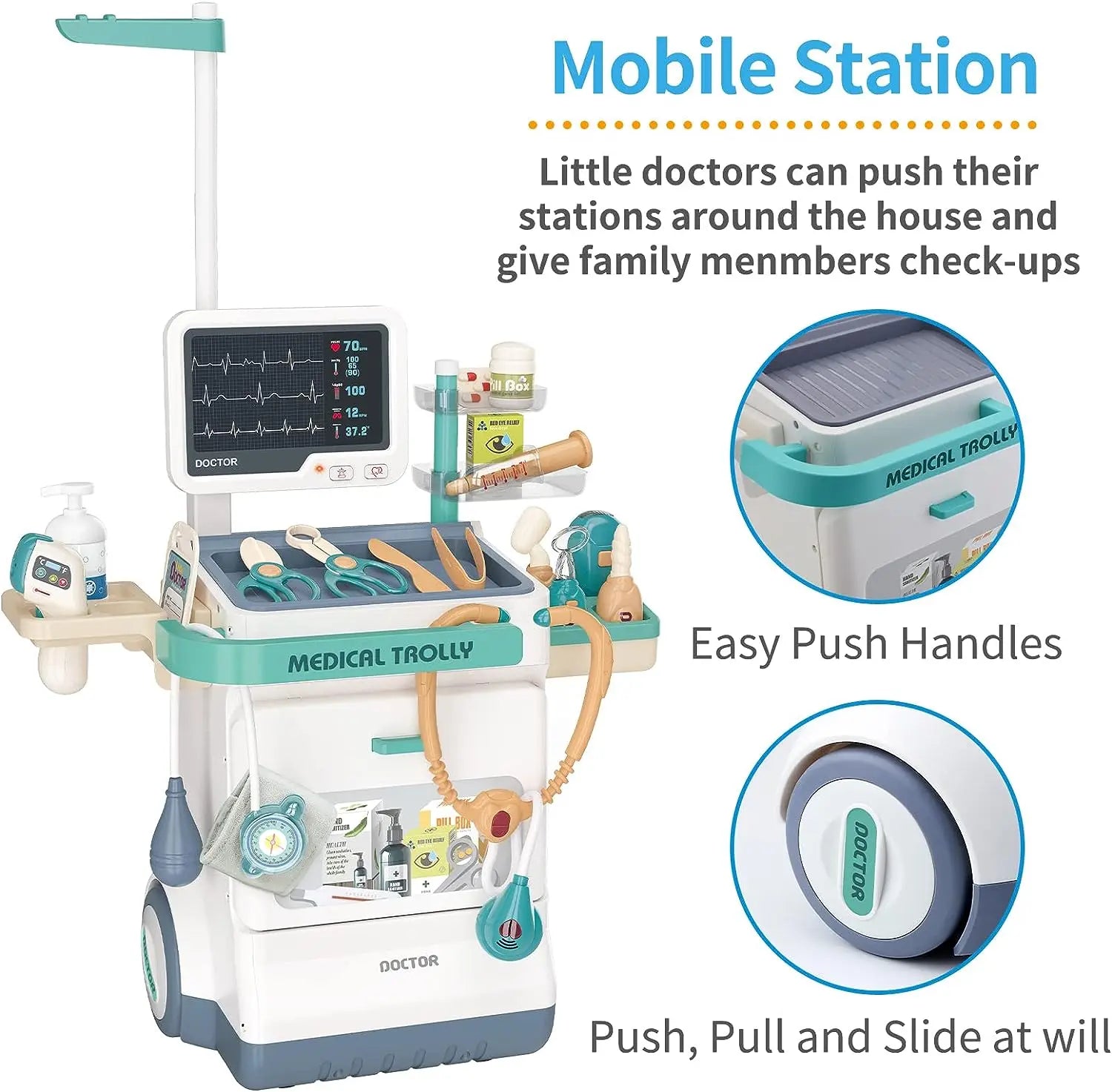 KTX-106835 26-Piece Medical Pretend Play Kit with Trolley Cart for Kids Ages 2-7