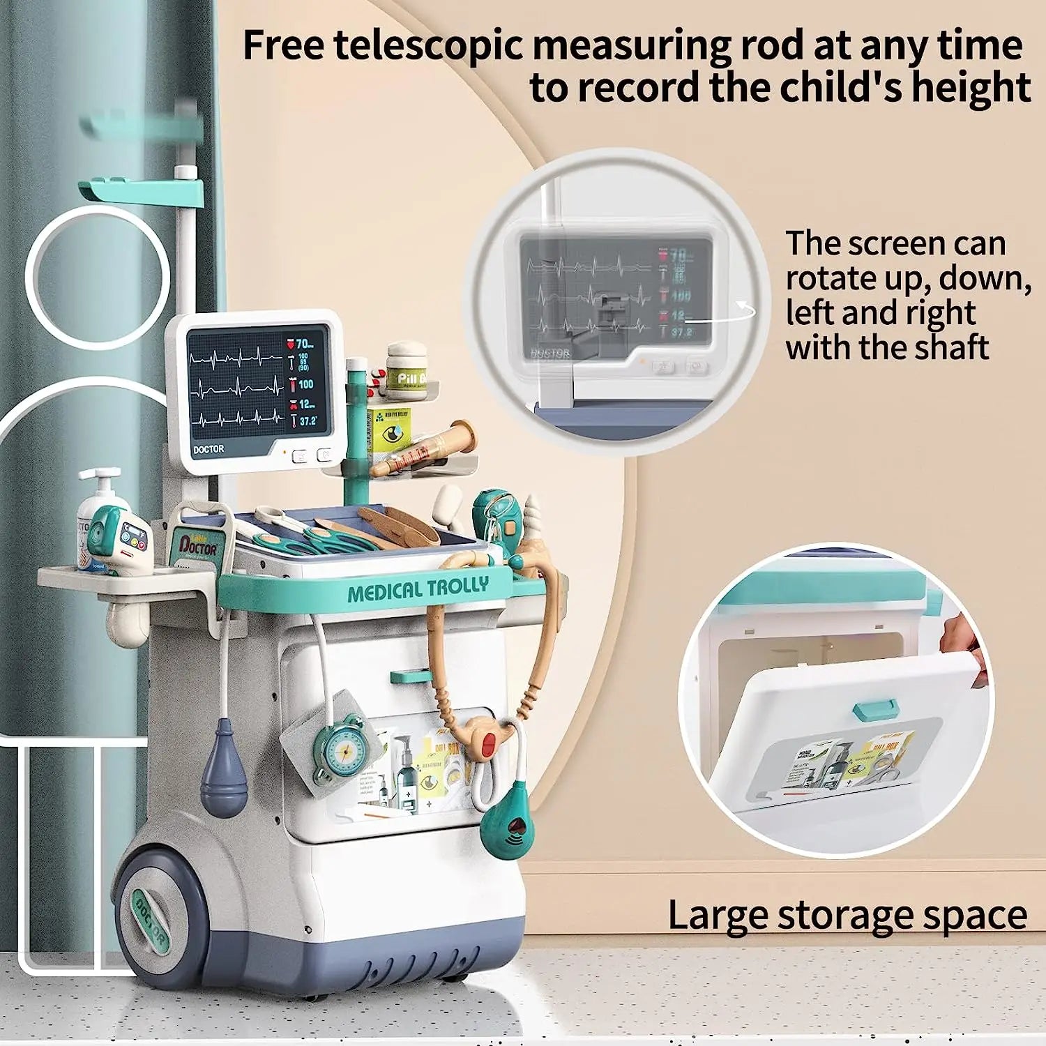 KTX-106835 26-Piece Medical Pretend Play Kit with Trolley Cart for Kids Ages 2-7