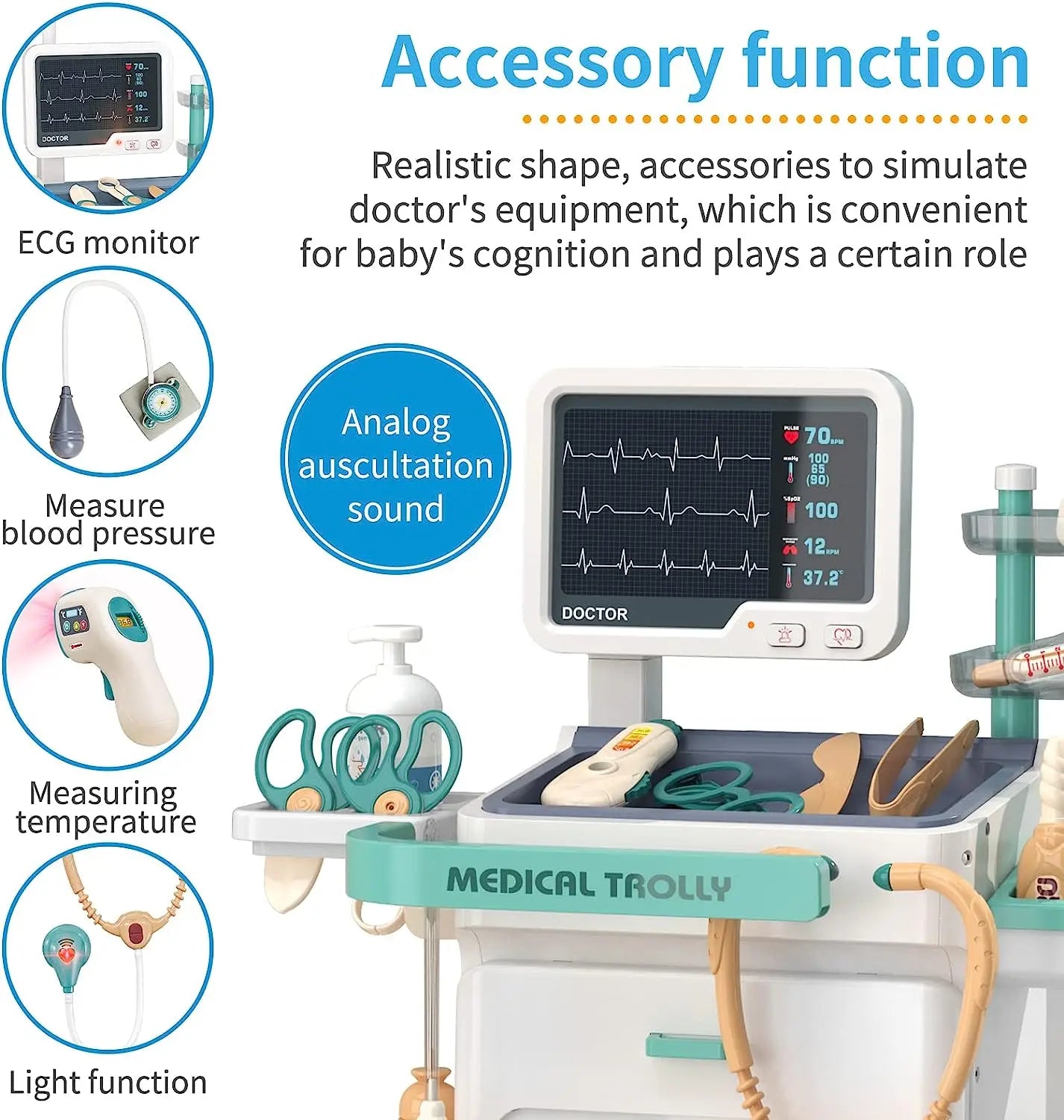 KTX-106835 26-Piece Medical Pretend Play Kit with Trolley Cart for Kids Ages 2-7