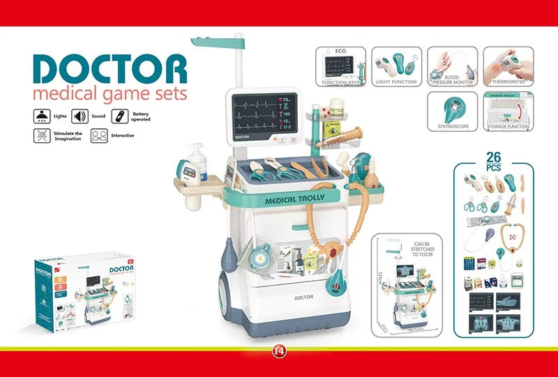 KTX-106835 26-Piece Medical Pretend Play Kit with Trolley Cart for Kids Ages 2-7